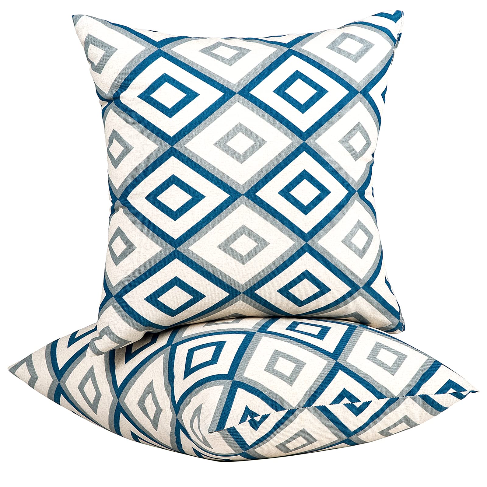 JMGBird front view of two white diamond outdoor pillows showing modern style benefit