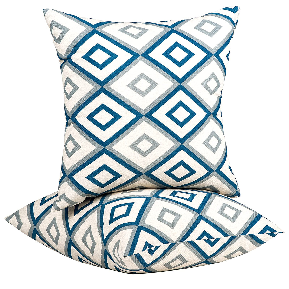 JMGBird front view of two white diamond outdoor pillows showing modern style benefit