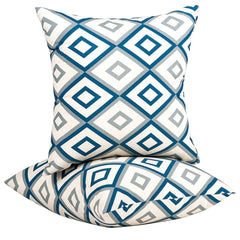 JMGBird front view of two white diamond outdoor pillows showing modern style benefit