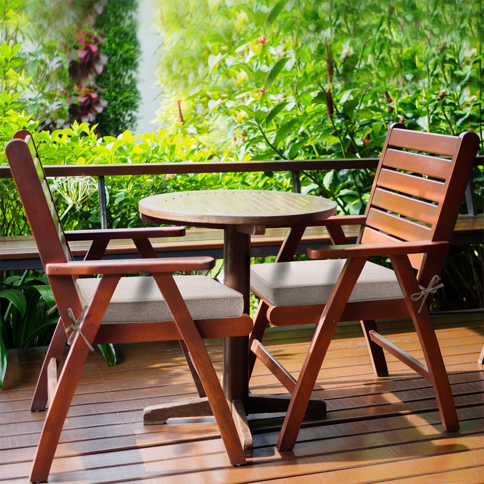 JMGBird cushion on patio dining chair illustrating added comfort and outdoor use benefit