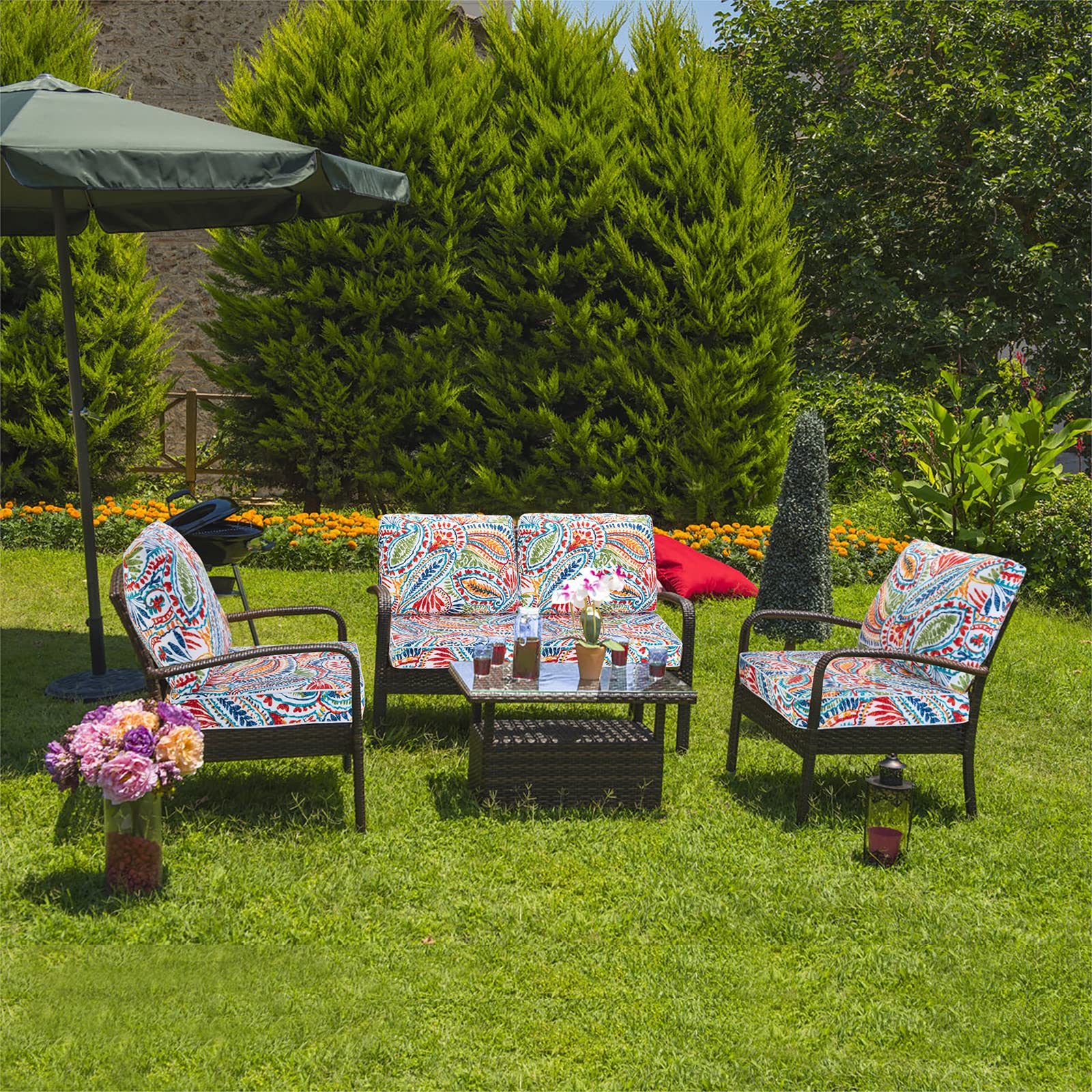 JMGBird cushions in deck setting creating comfortable outdoor atmosphere