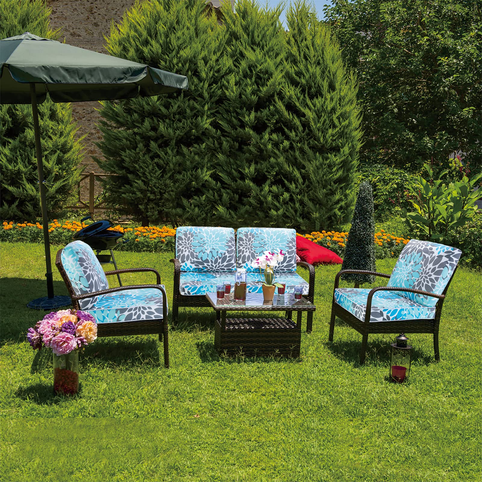 JMGBird cushion in a patio lifestyle scene creating cozy, weather-ready outdoor seating