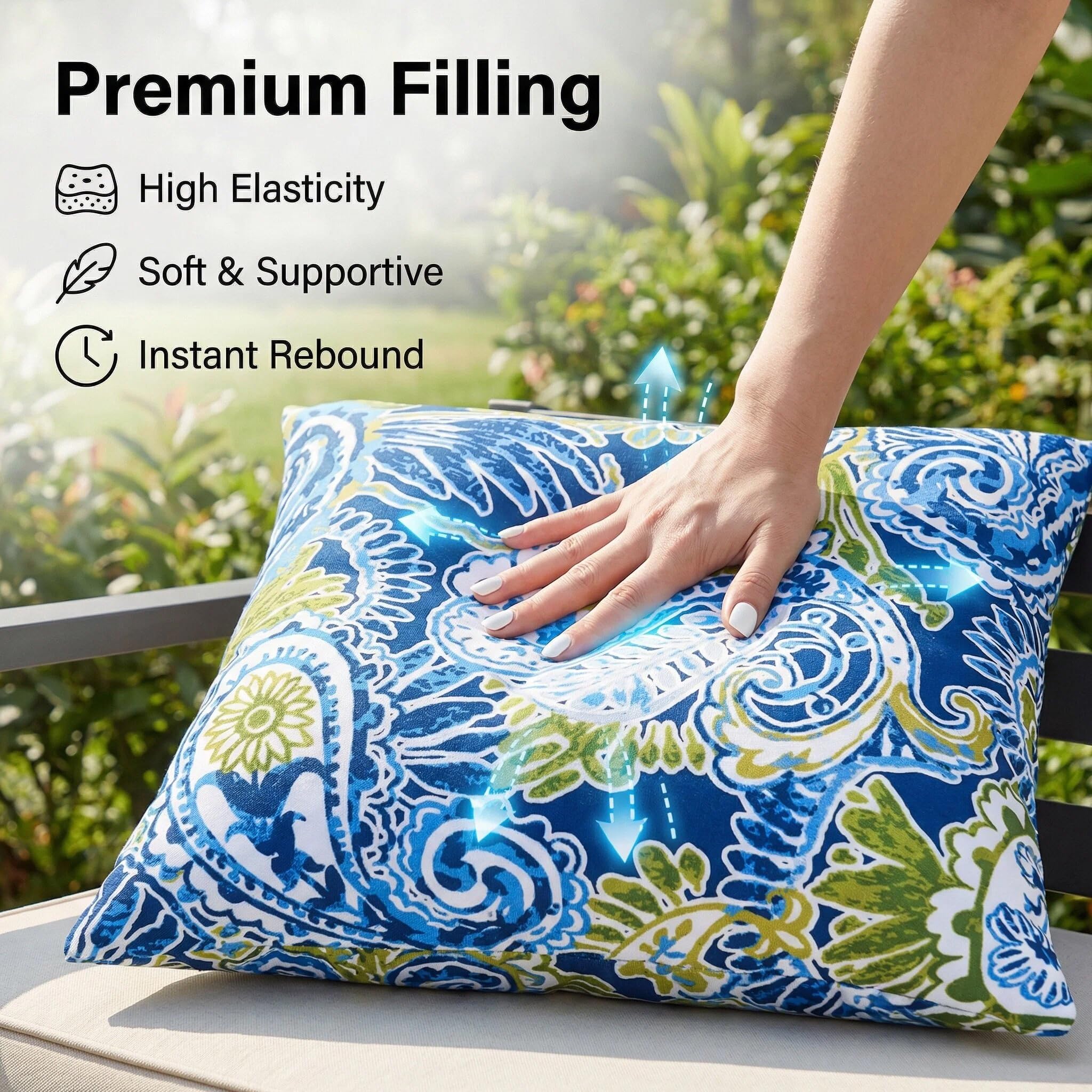 JMGBird styled outdoor patio with pillows showing coordinated green decorative impact