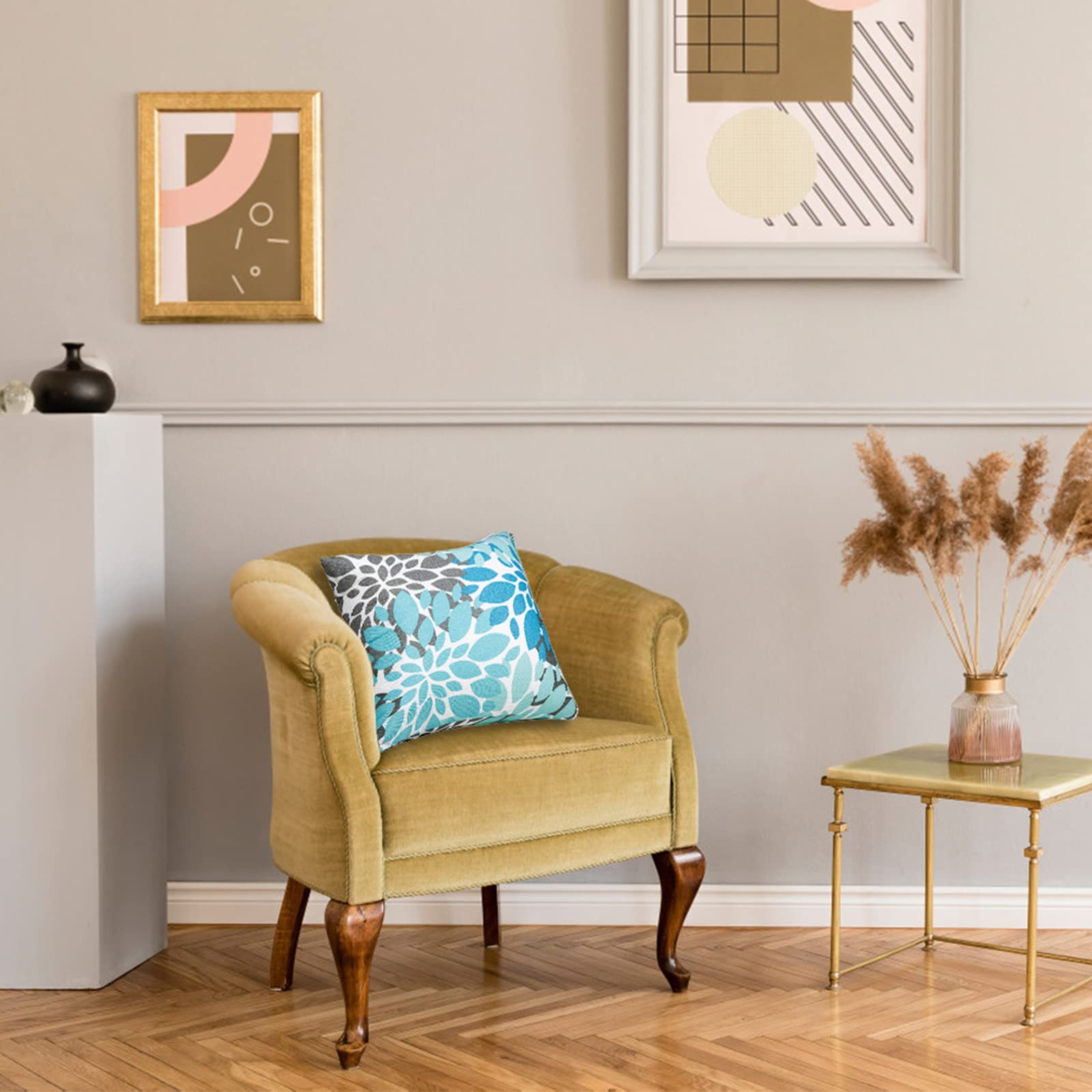 JMGBird pillows beside chair showing 18x18 inch size and scale