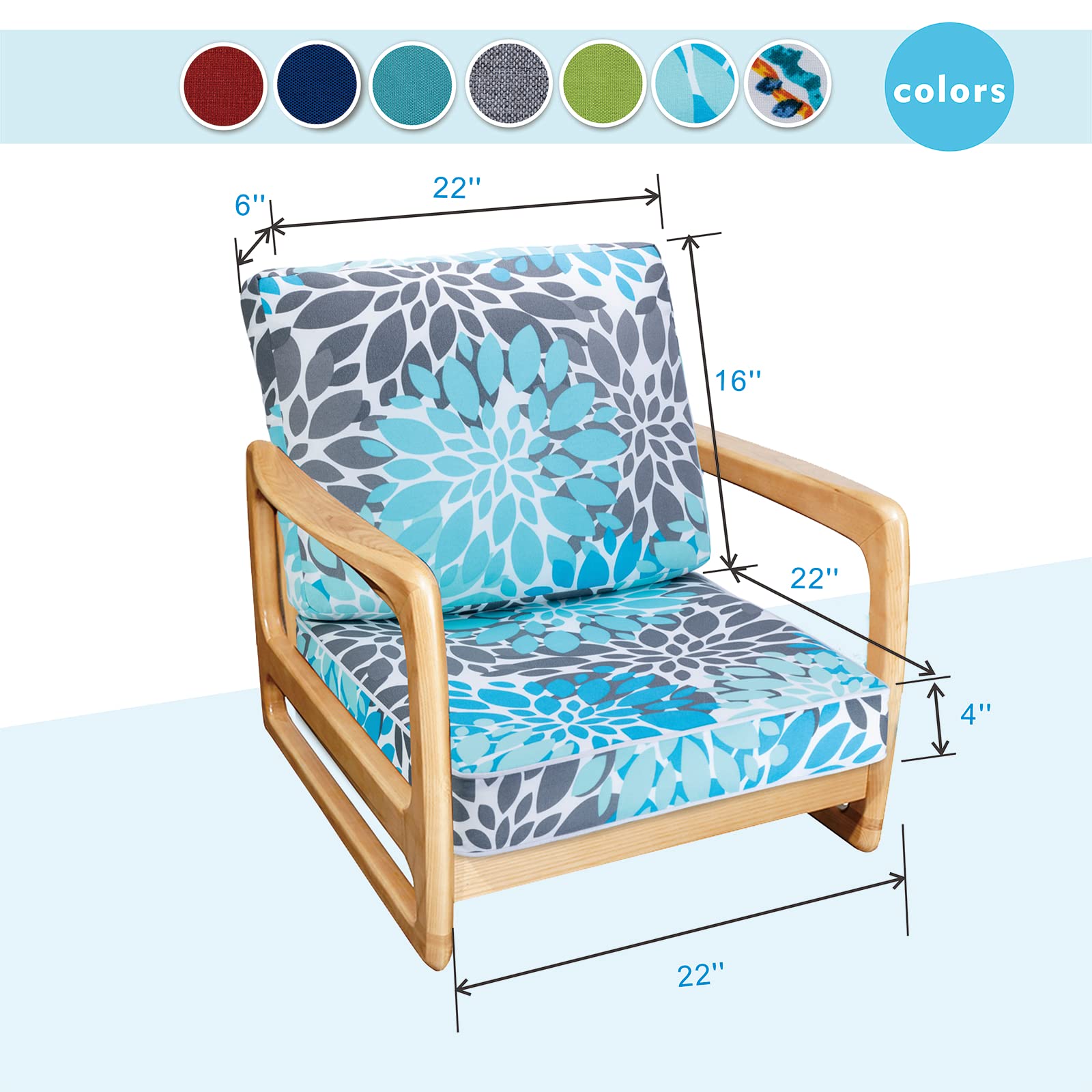 JMGBird cushion beside ruler showing dimensions for easy chair compatibility sizing