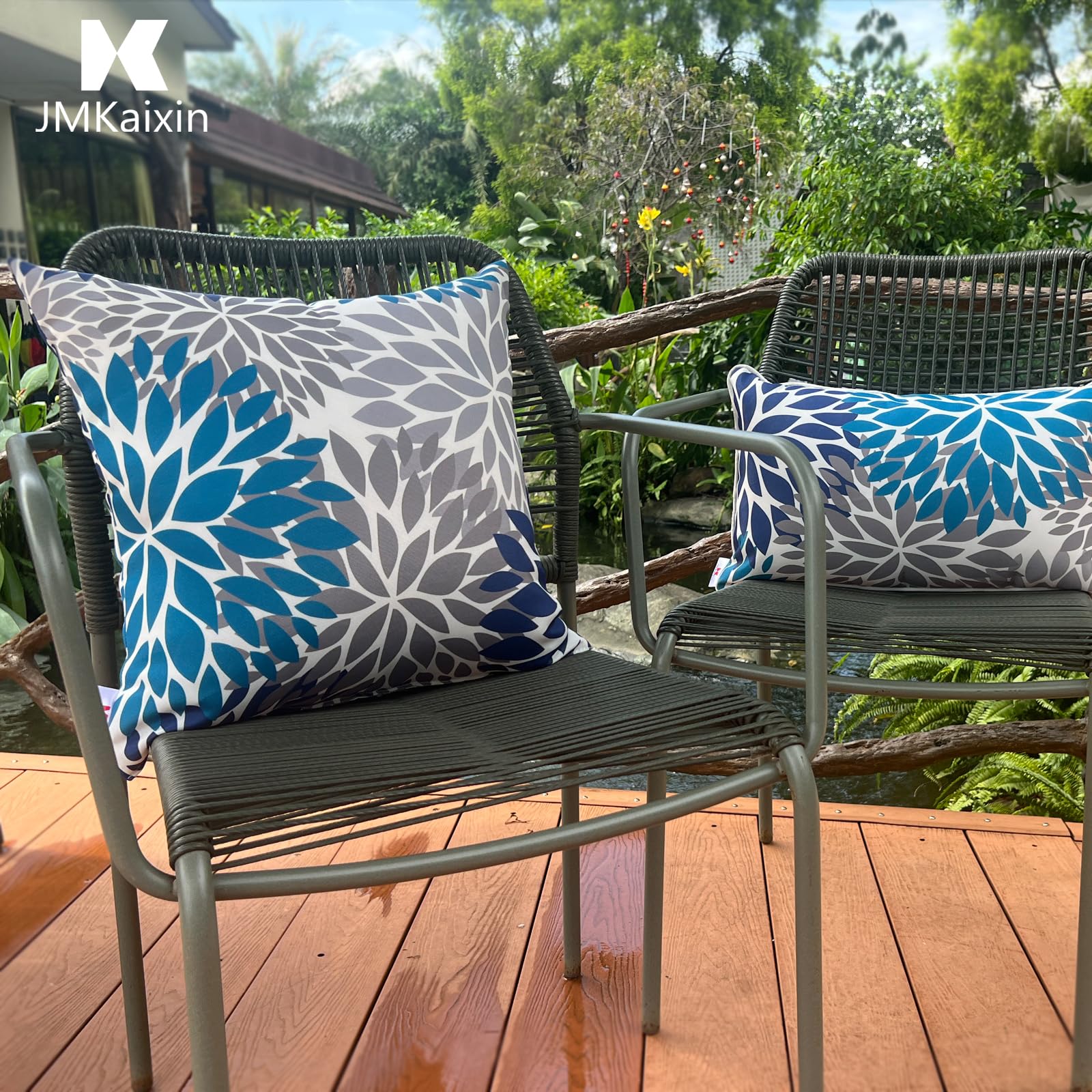 JMKaixin pillows in backyard gathering creating inviting, weather-ready seating