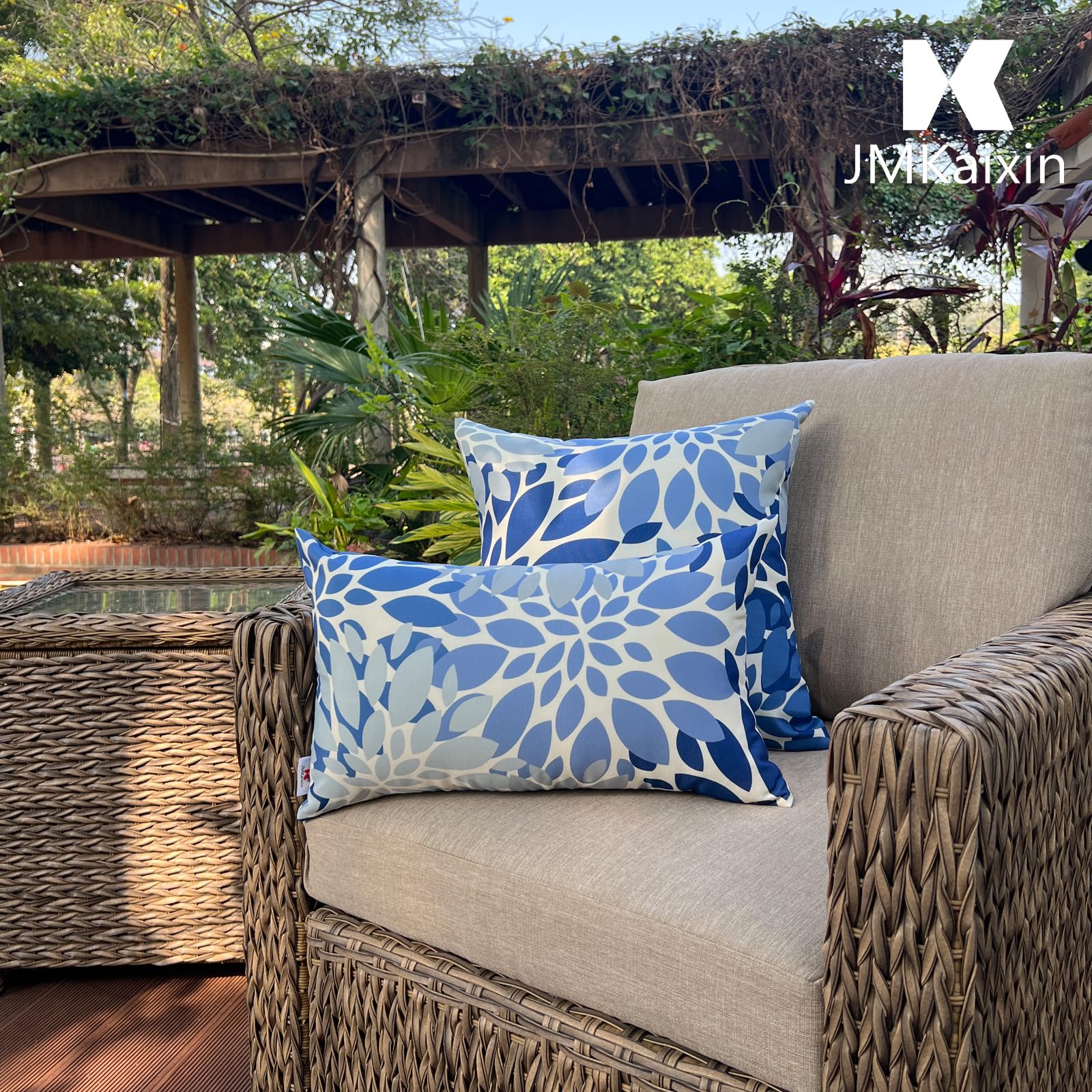 JMKaixin pillows arranged poolside to show weather-ready lifestyle styling