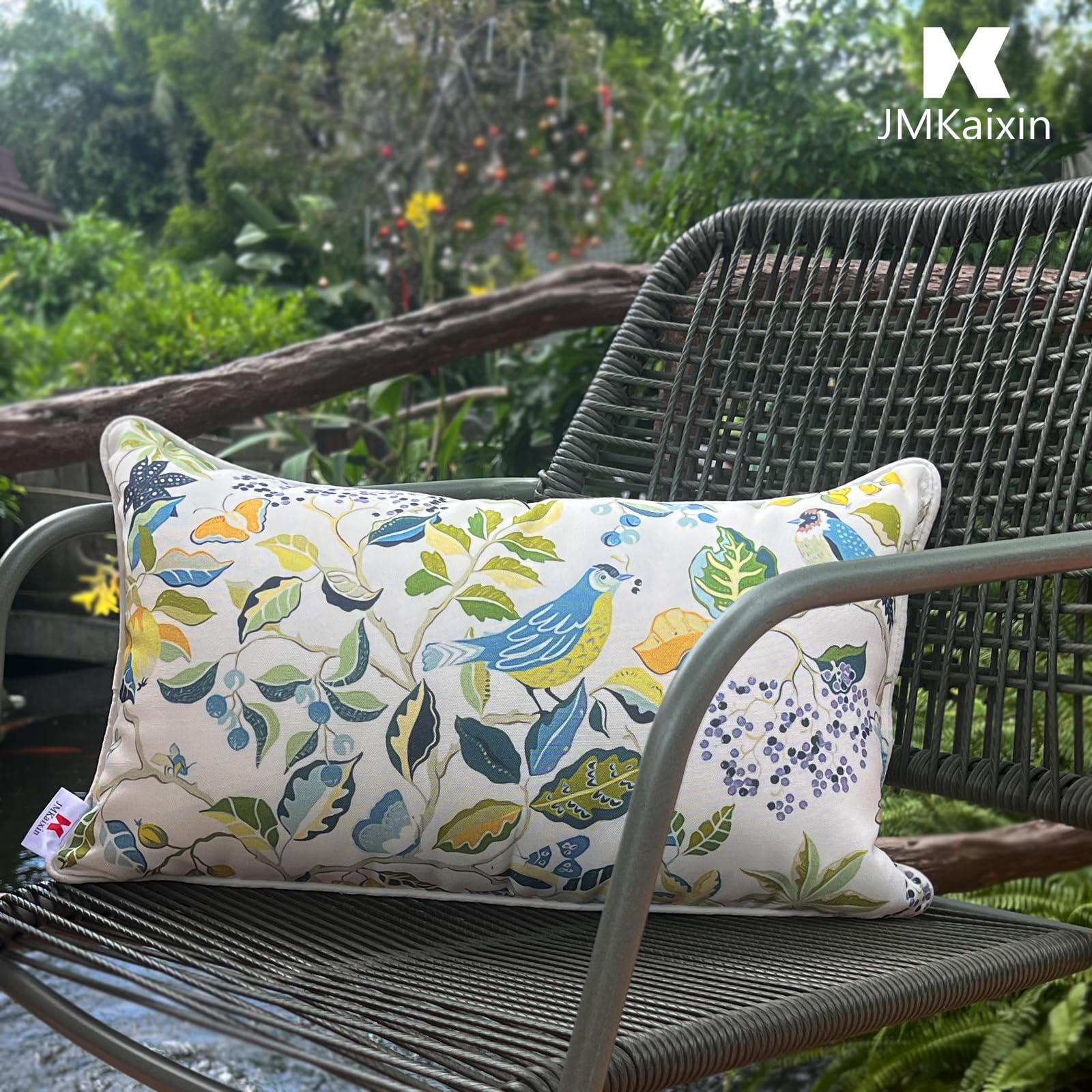JMKaixin lumbar pillow placed on outdoor sofa showing added back support benefit