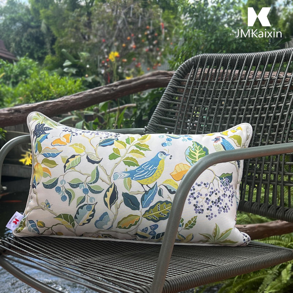 JMKaixin lumbar pillow placed on outdoor sofa showing added back support benefit