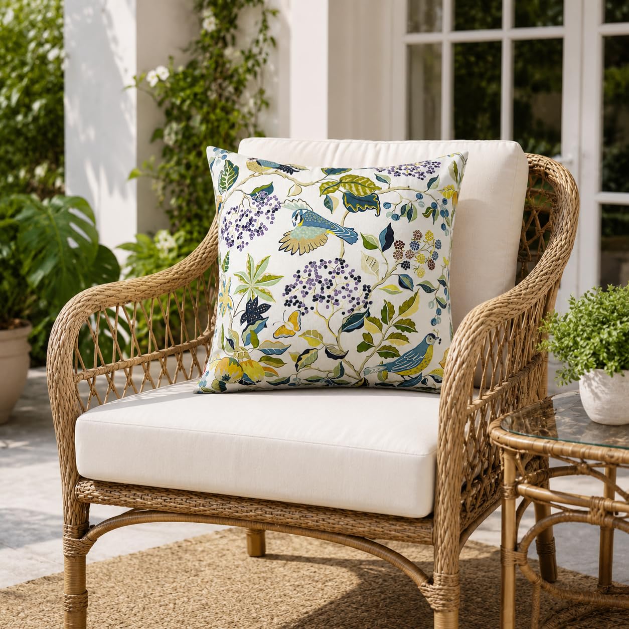 JMKaixin styled on a patio lounge chair, showcases outdoor-ready decor and comfort