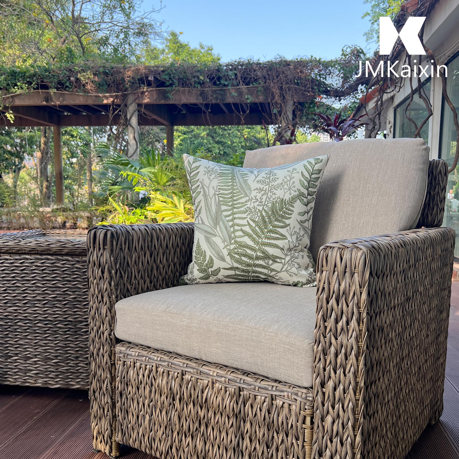JMKaixin styled on patio sofa to show decorative upgrade and outdoor use benefit