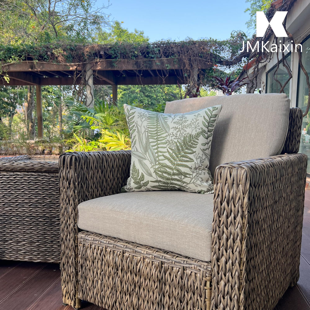 JMKaixin styled on patio sofa to show decorative upgrade and outdoor use benefit