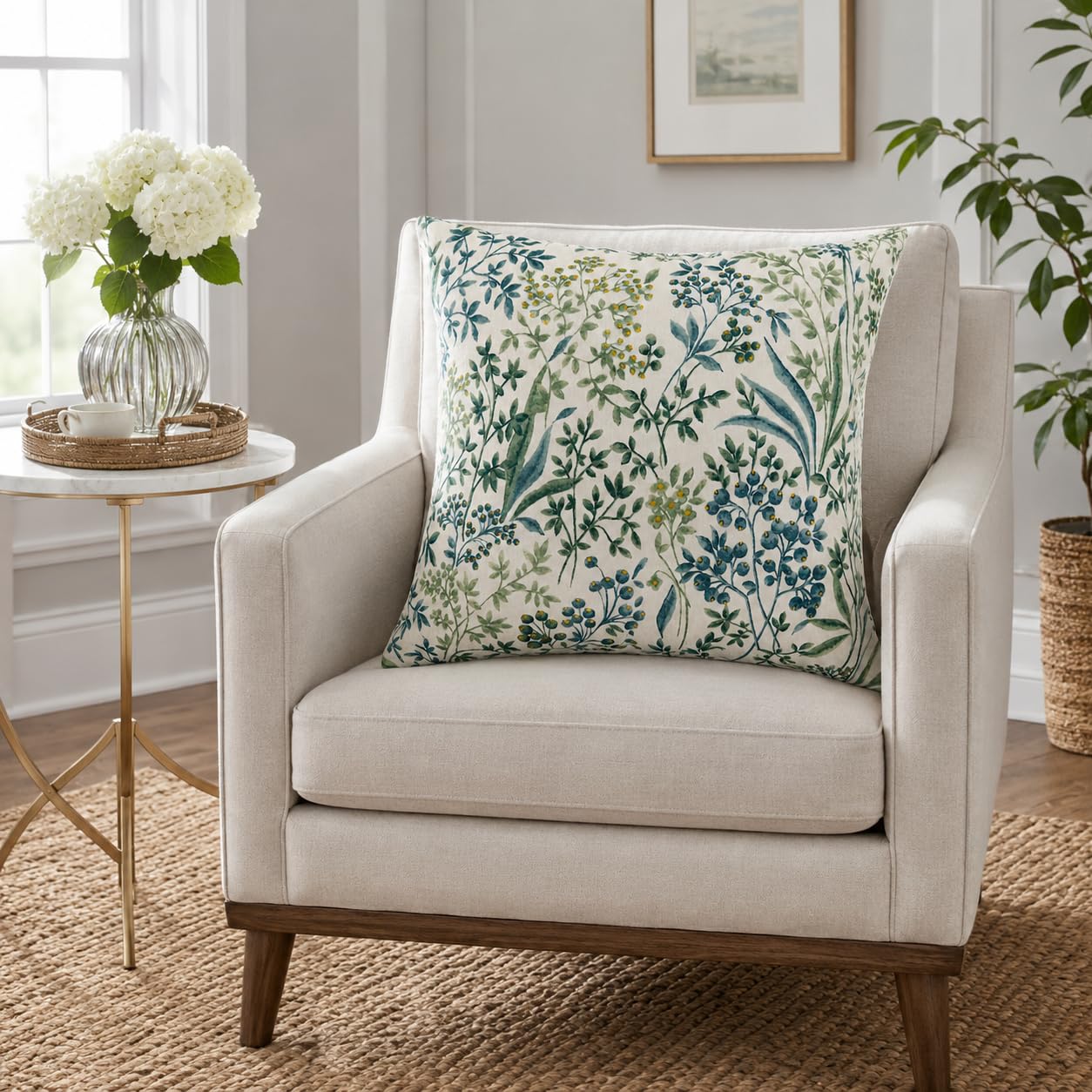 JMKaixin pillow next to coffee table showing true 18 by 18 inch size