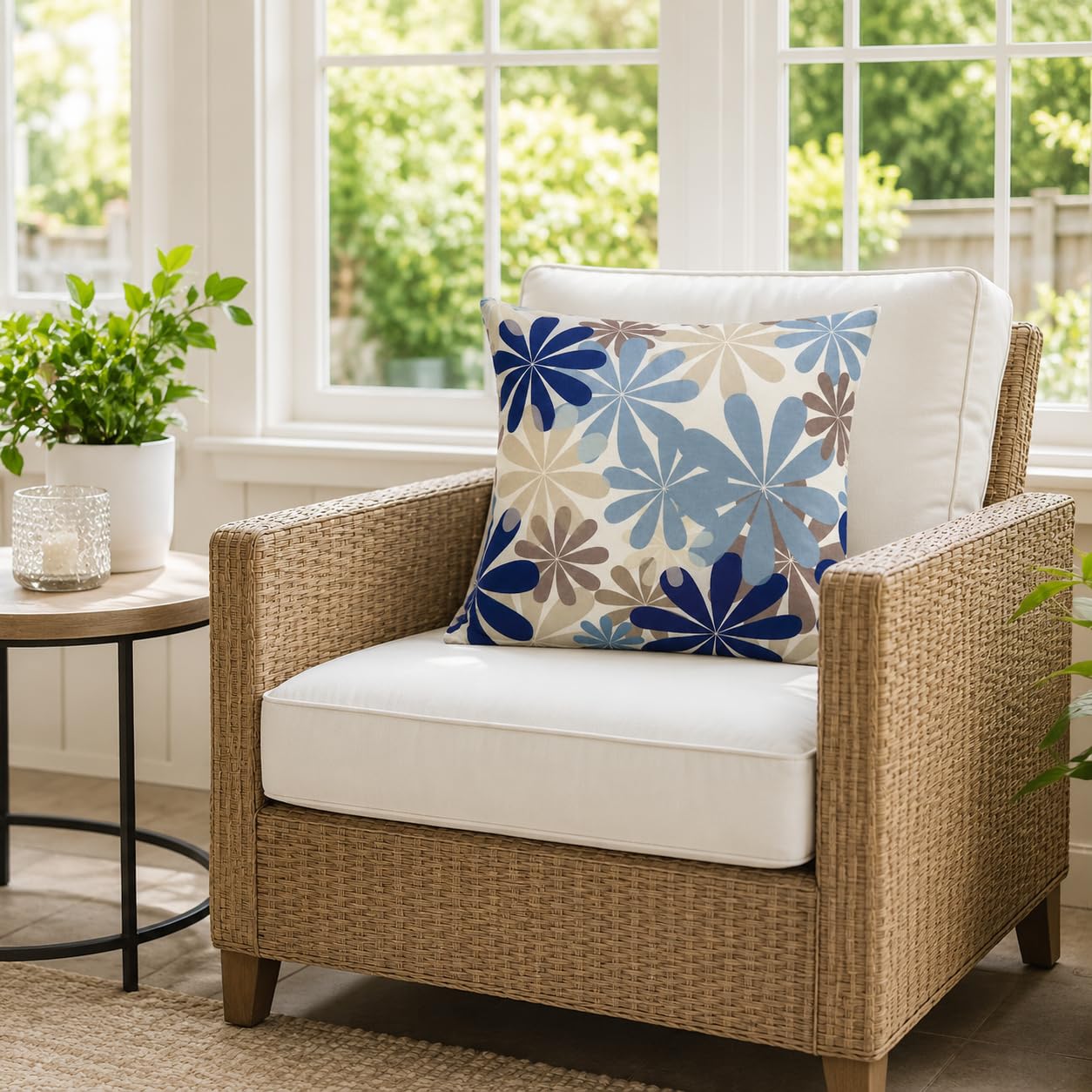 JMKaixin pillow next to a chair showing scale and ideal 18x18 fit