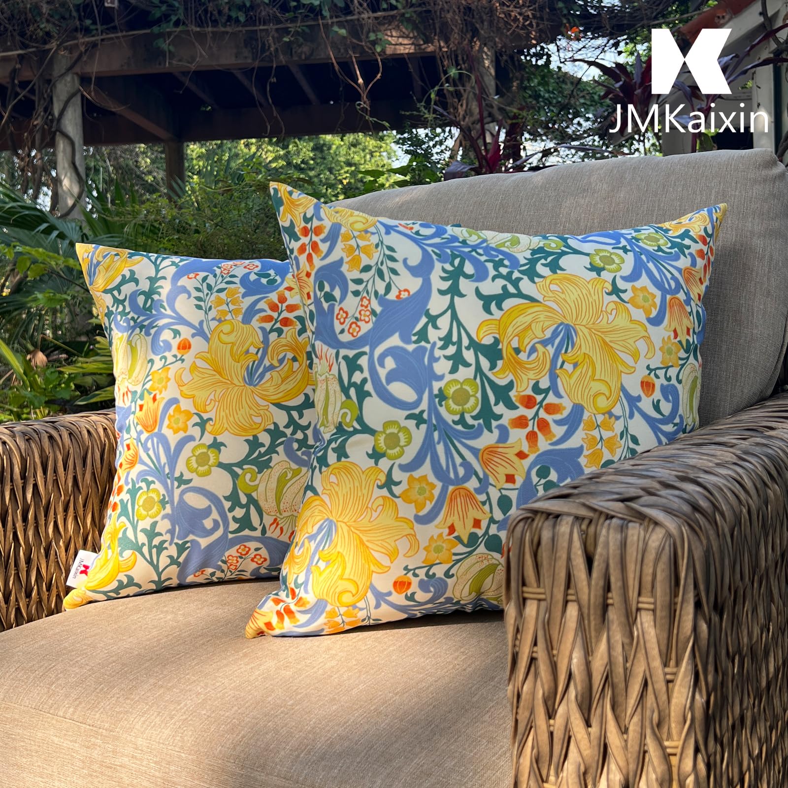 JMKaixin pillow next to chair for scale indicating true 18×18 inch size and fit