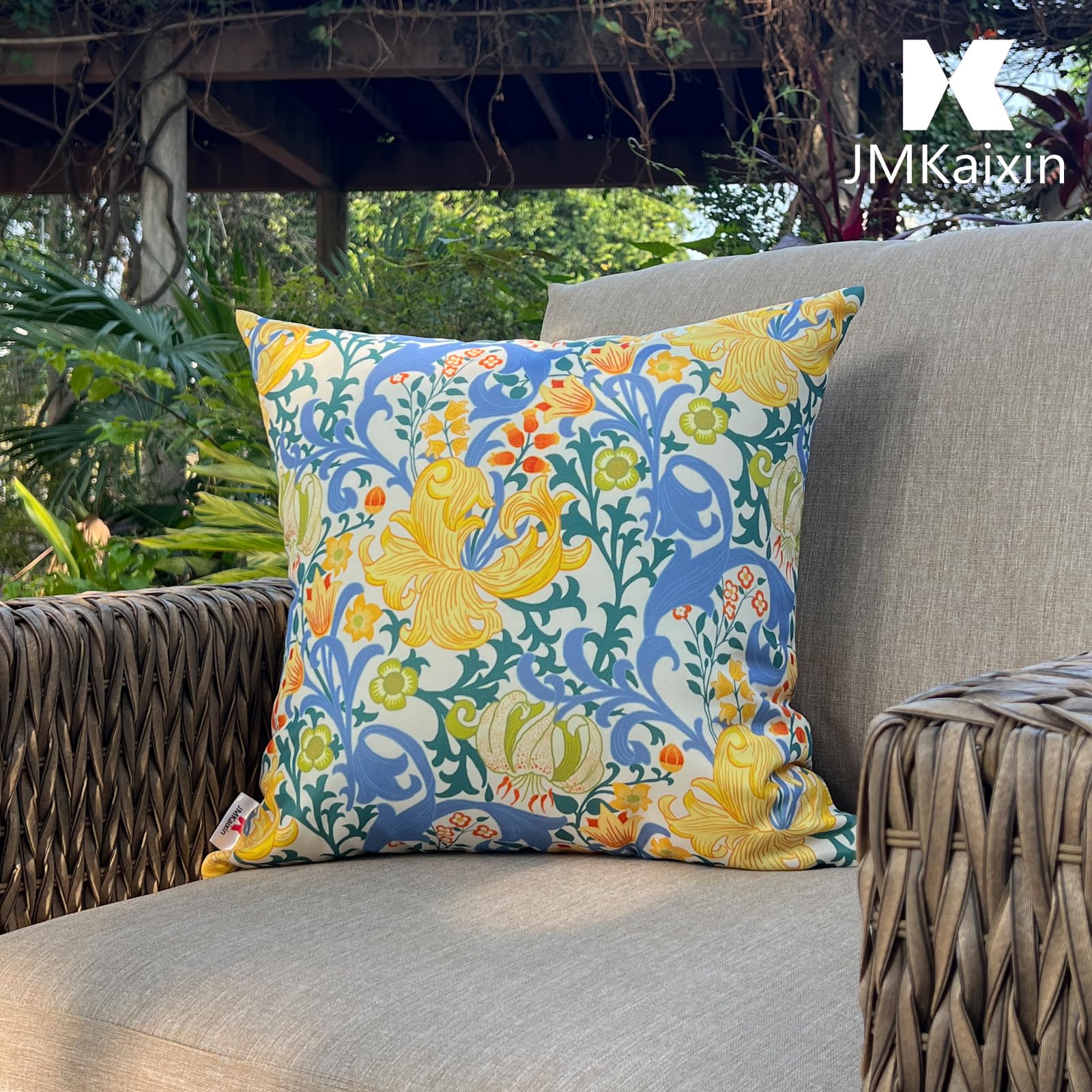 JMKaixin pillows staged on patio sofa adding durable style and color to outdoor seating