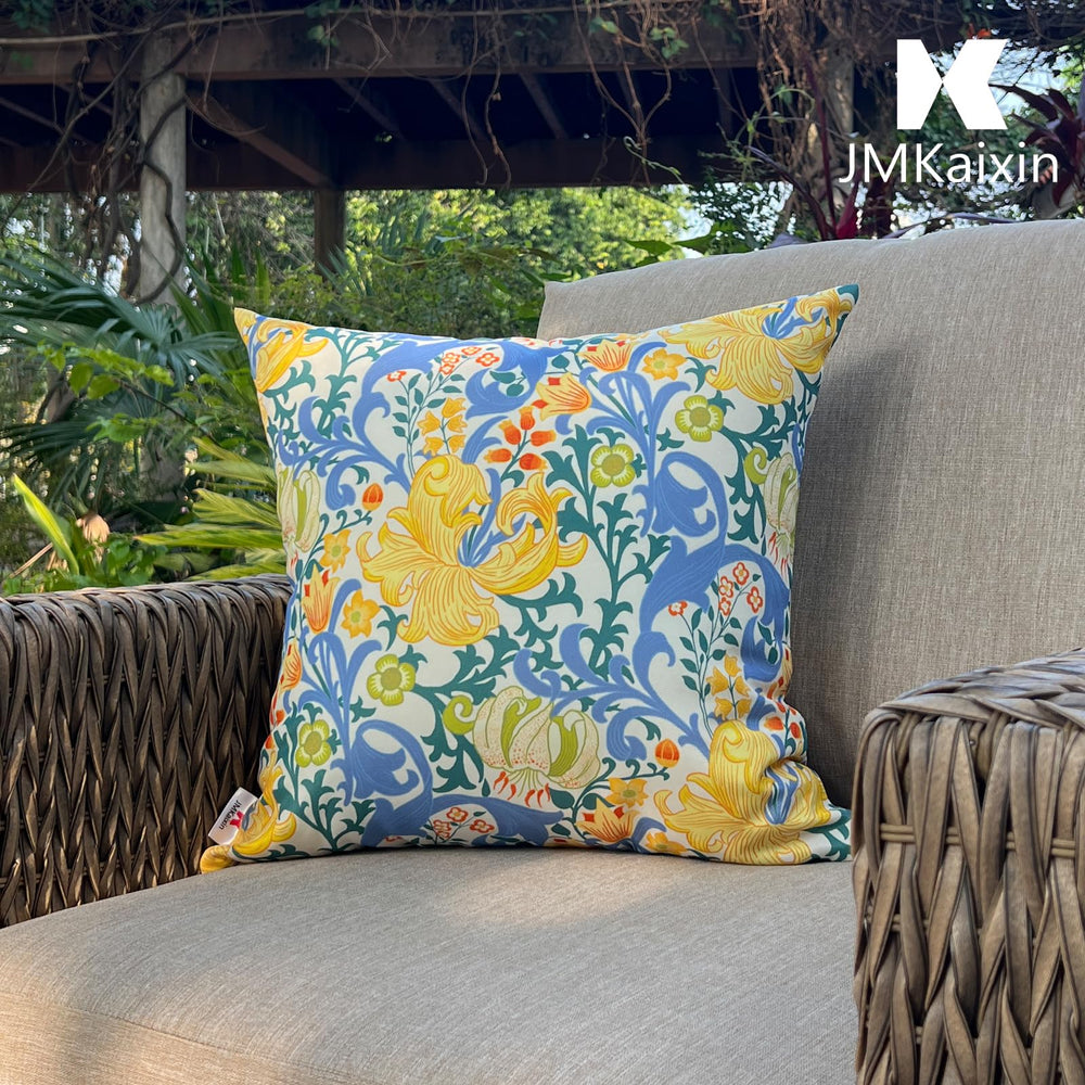 JMKaixin pillows staged on patio sofa adding durable style and color to outdoor seating