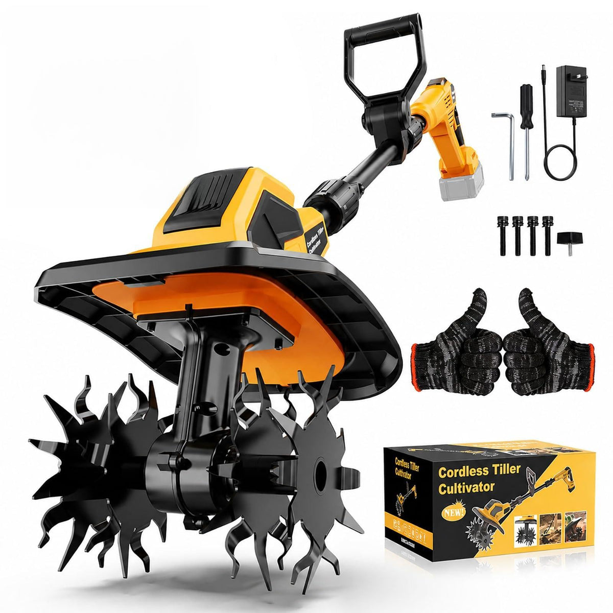 Jmmyvanee front view showing compact cultivator and tines for efficient soil work