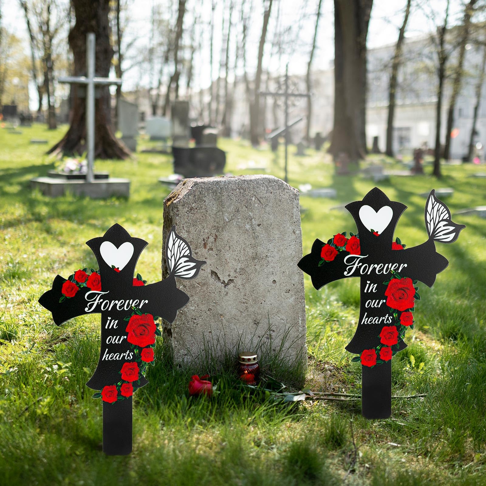 JMZYJZH crosses installed at a gravesite demonstrating respectful, low-maintenance memorial