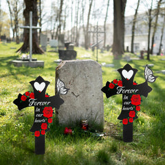 JMZYJZH crosses installed at a gravesite demonstrating respectful, low-maintenance memorial