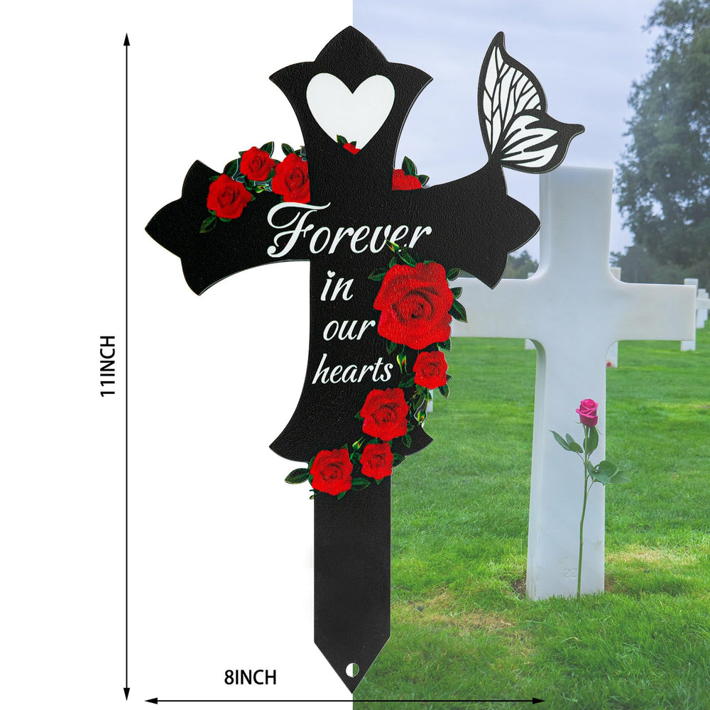JMZYJZH crosses in a garden memorial setting showing peaceful, tasteful display benefit