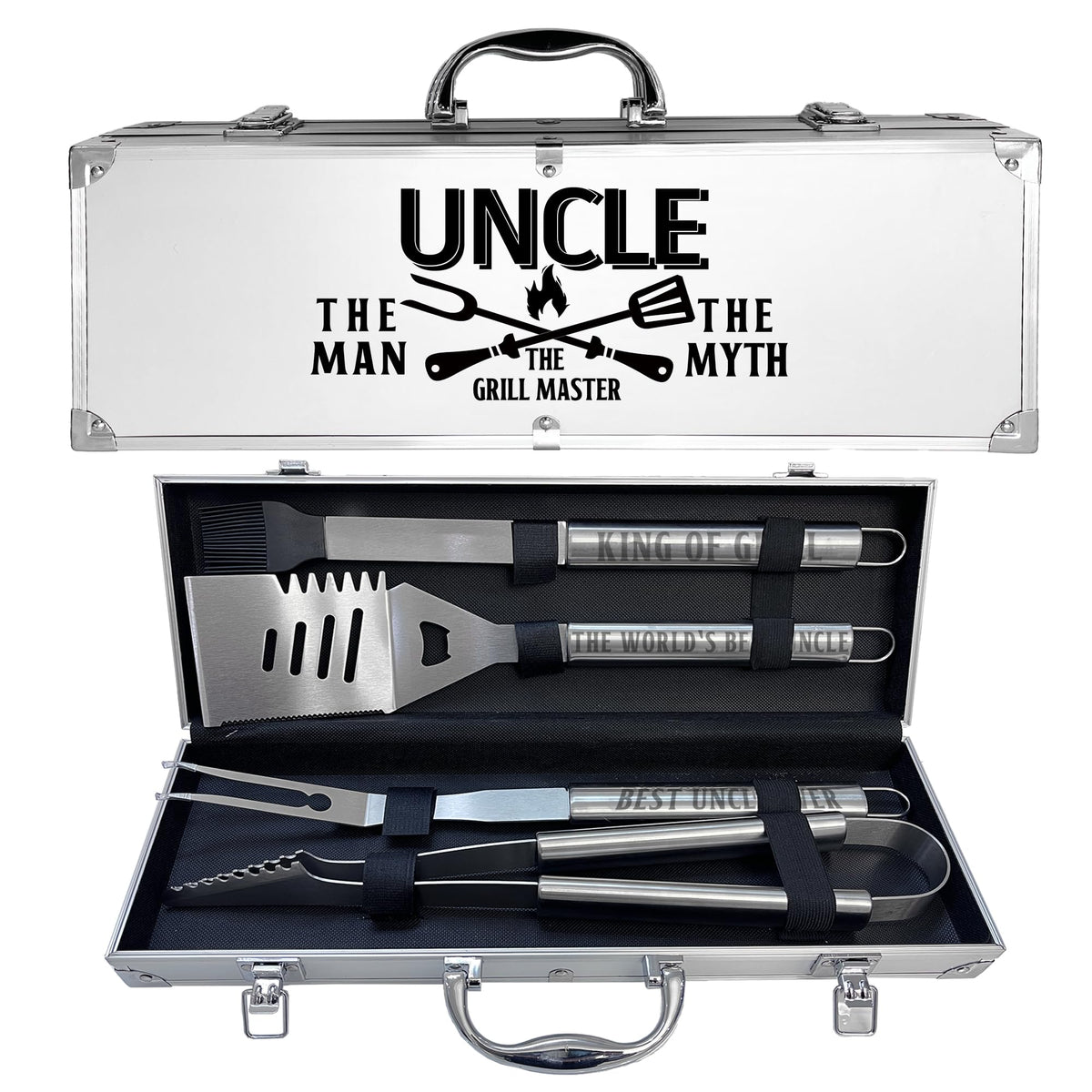 JNDJE front view open case showing organized grill tools and easy gifting