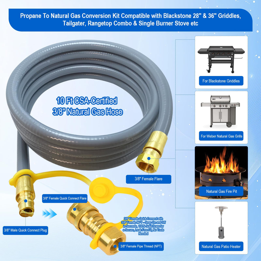JNWYXIE hose connected to a Blackstone griddle delivering steady natural gas fuel