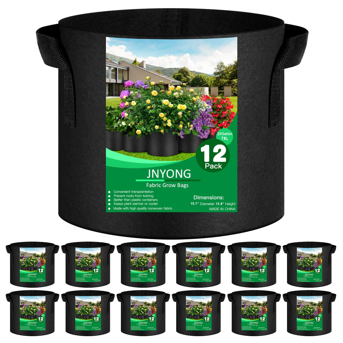 JNYONG grow bag 12-pack front view showing durable pack — durable gardening storage benefit