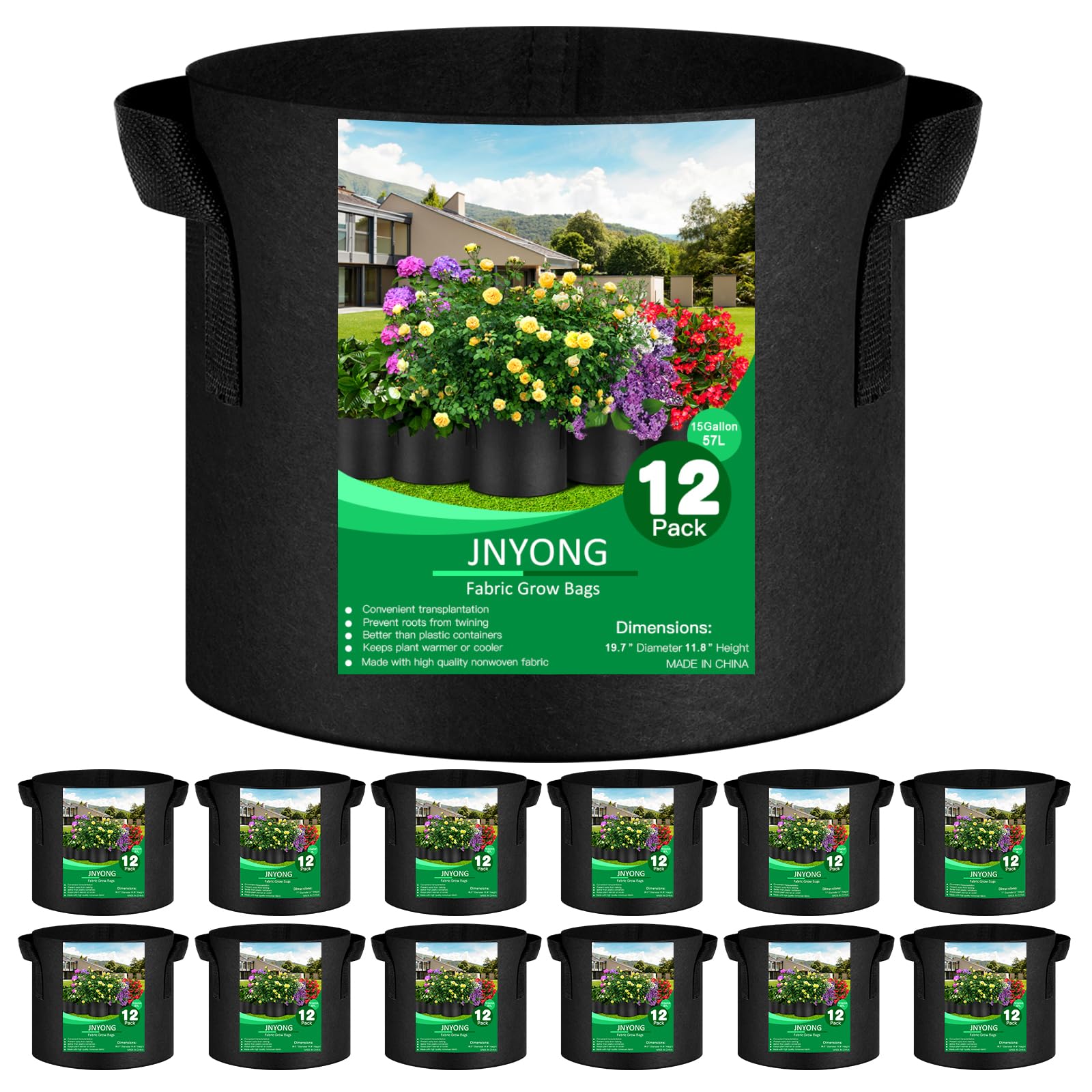 JNYONG front view showing 12-pack grow bags, convenient multi-pot set
