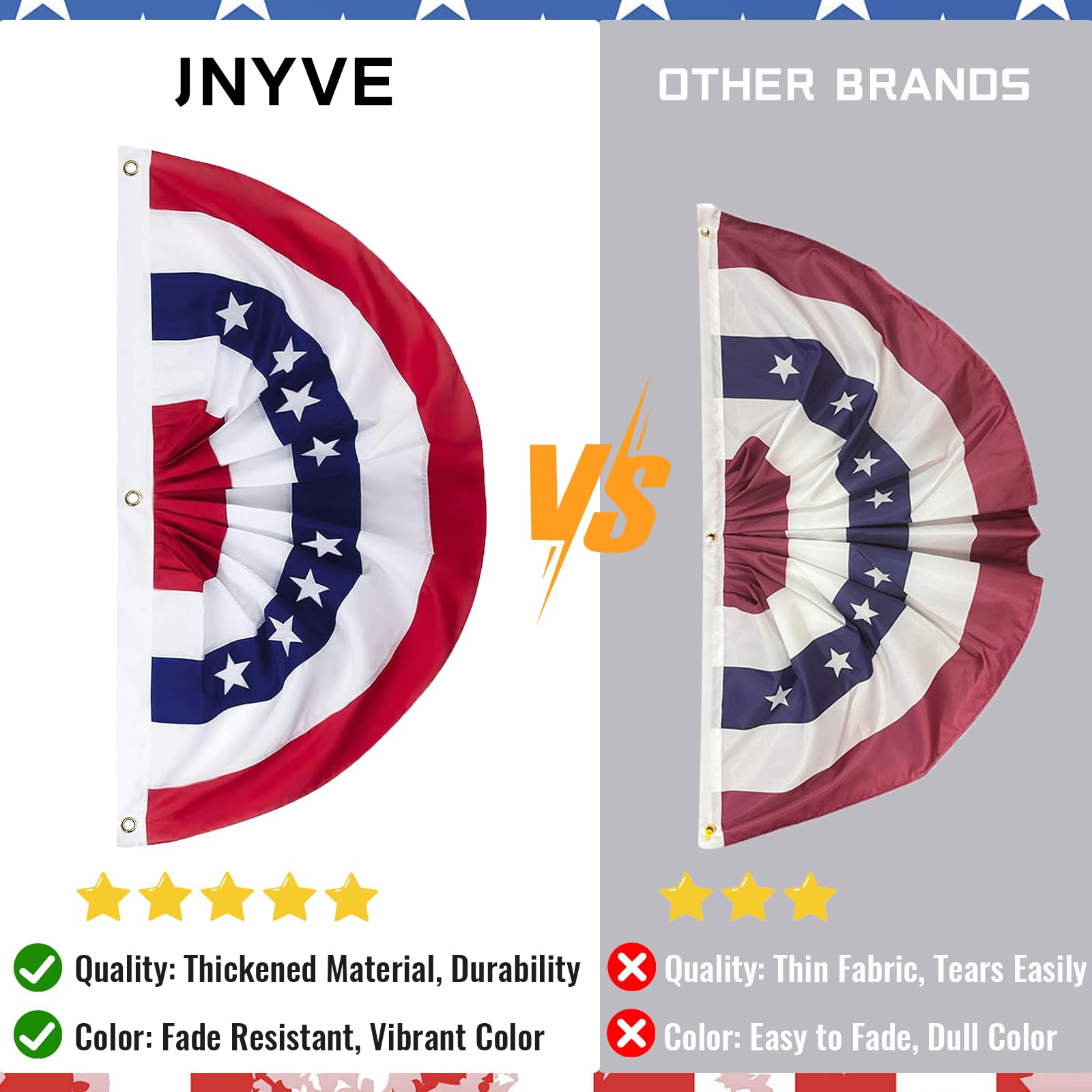 JNYVE bunting hung on a porch enhancing curb appeal for patriotic events