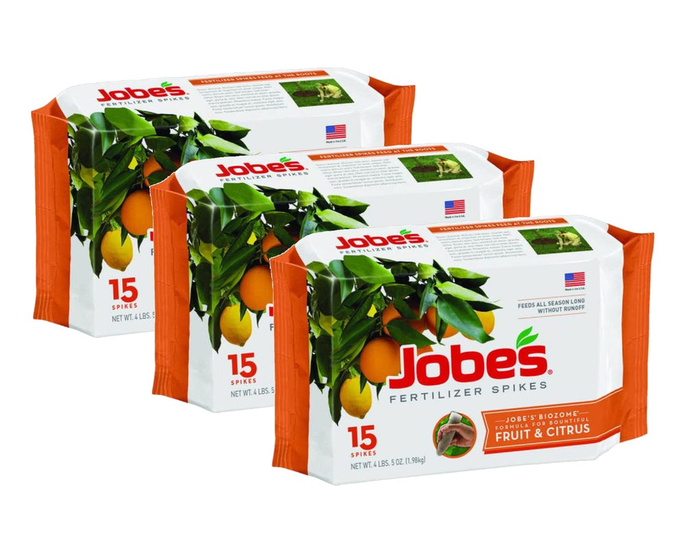 Jobe's Organics front packaging showing pack of three spikes and benefits