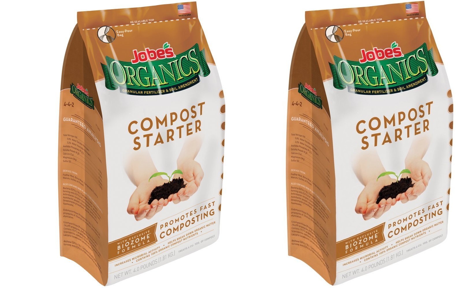 Jobe's Organics front packaging showing 4 lb bag and product benefits