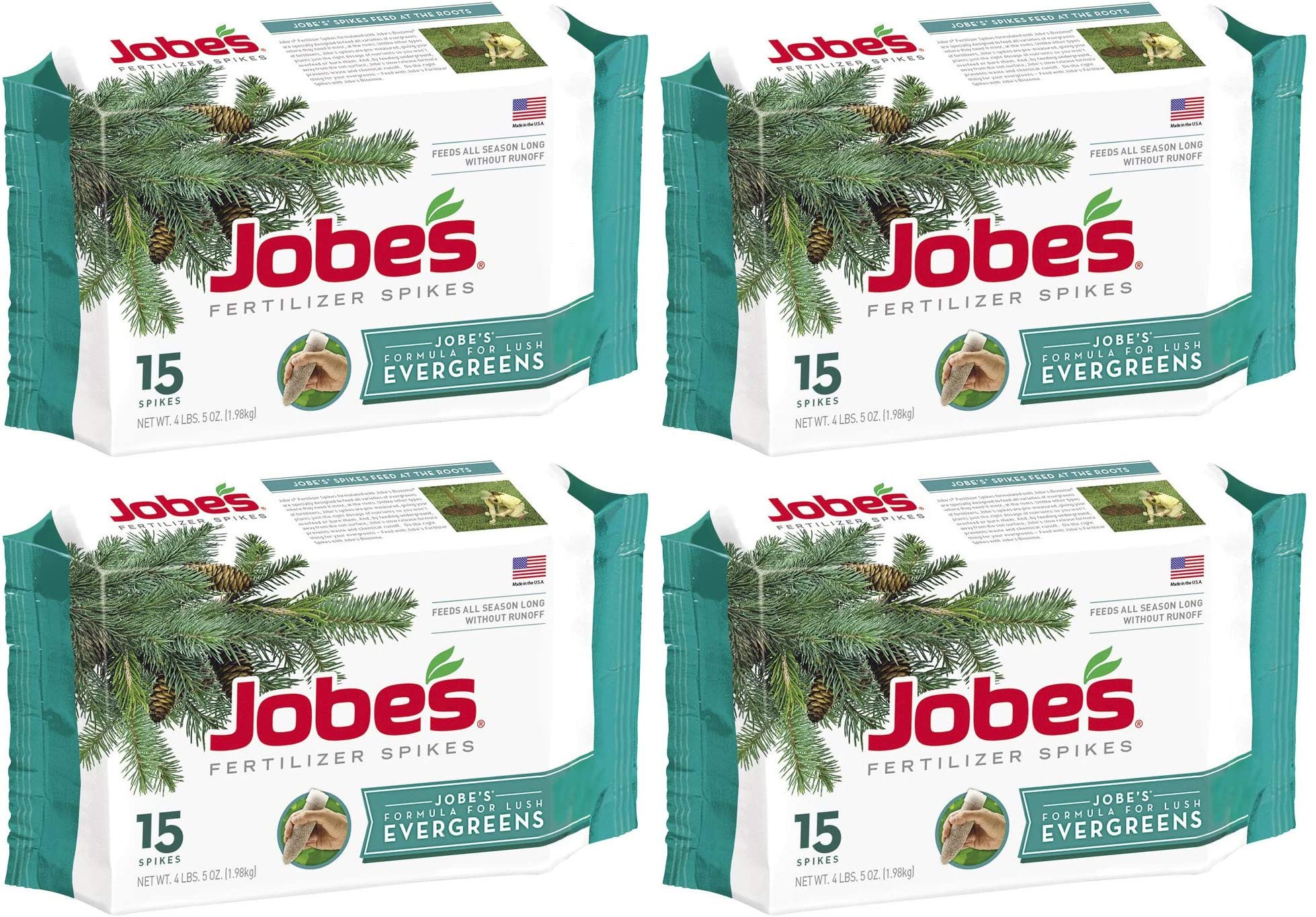 Jobe's Organics front packaging showing 4-pack and 15 spikes for easy identification and convenience