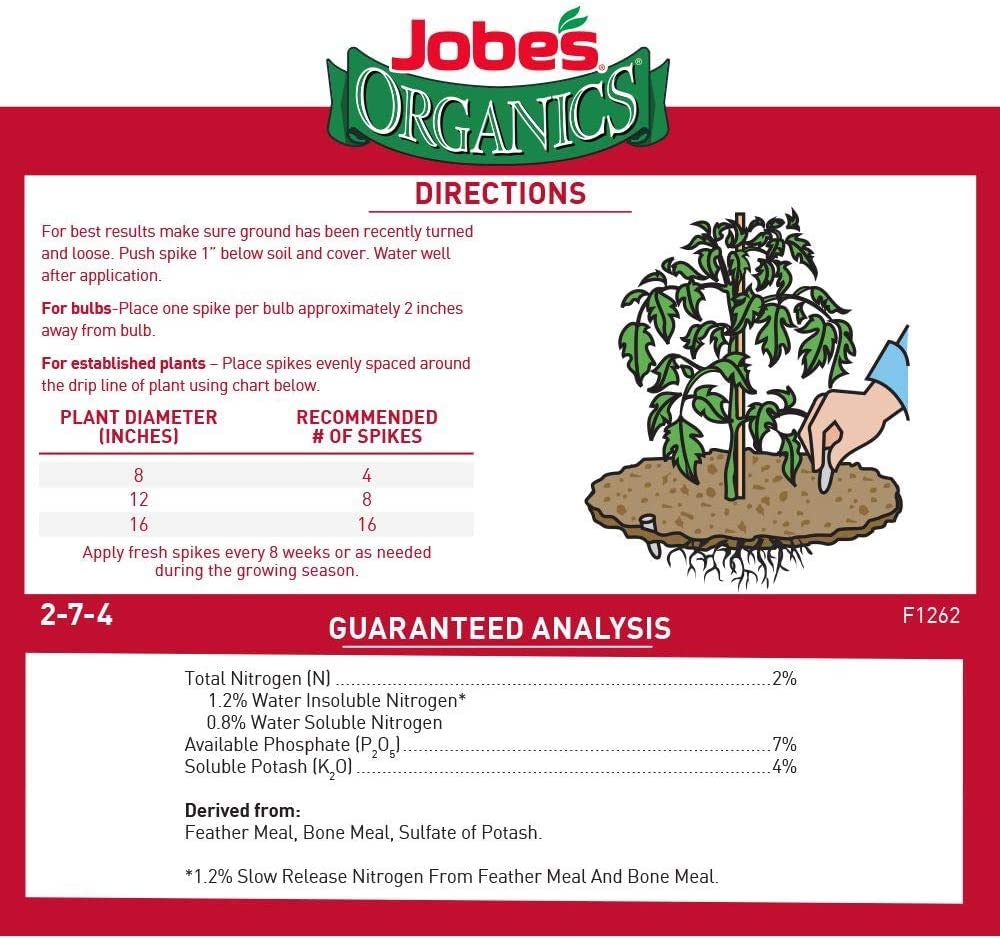 Jobe's Organics spikes inserted in potting soil, direct root nourishment benefit