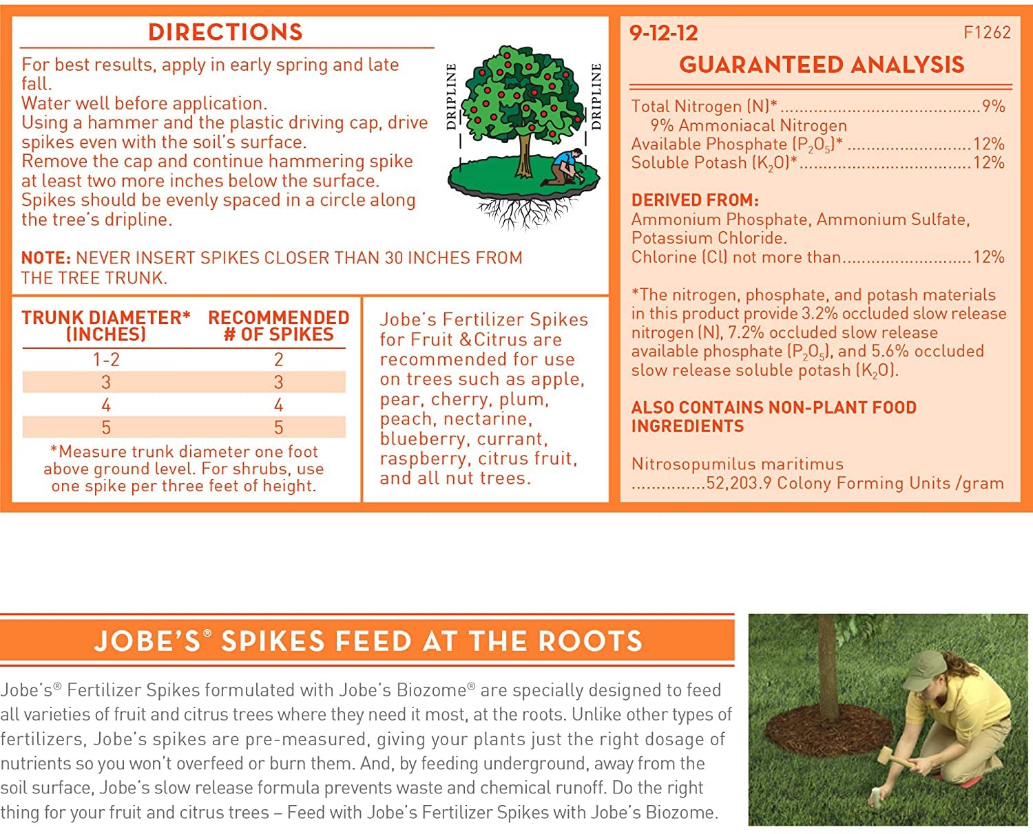 Jobe's Organics spikes inserted in soil demonstrating targeted root-zone feeding
