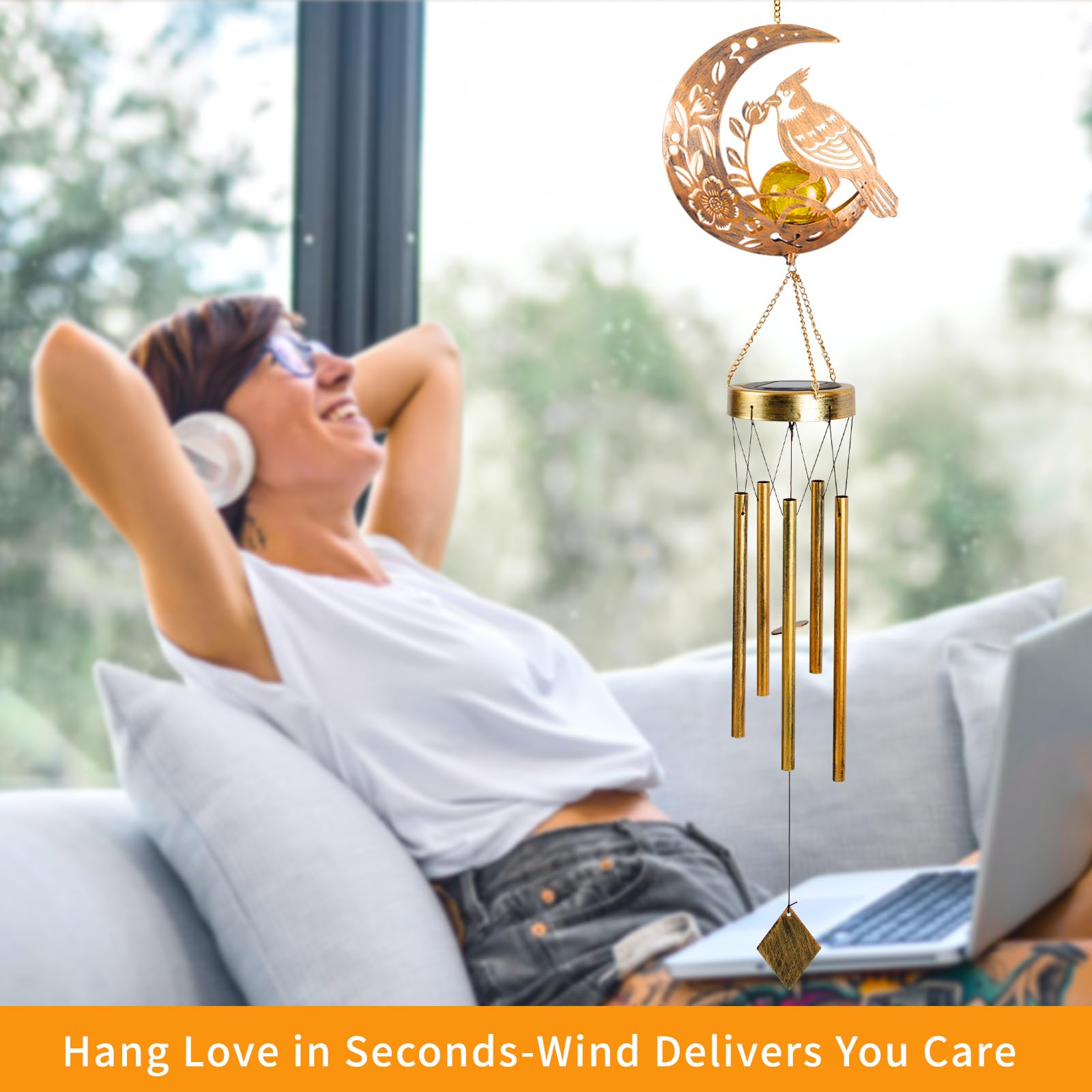 JOBOSI wind chime at night illuminated by solar light providing soft evening ambience