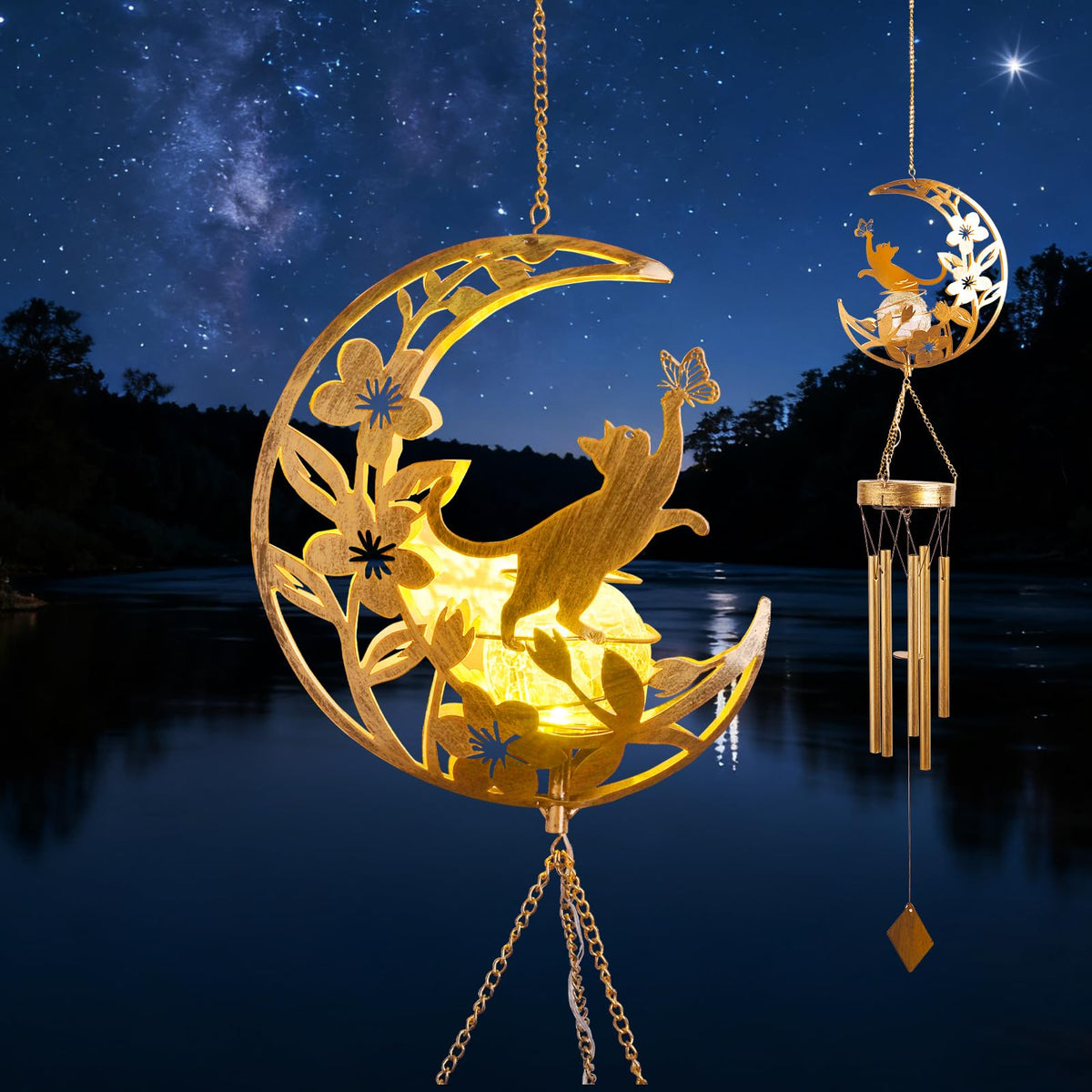 JOBOSI front view showing moon and cat silhouettes and elegant outdoor decor benefit