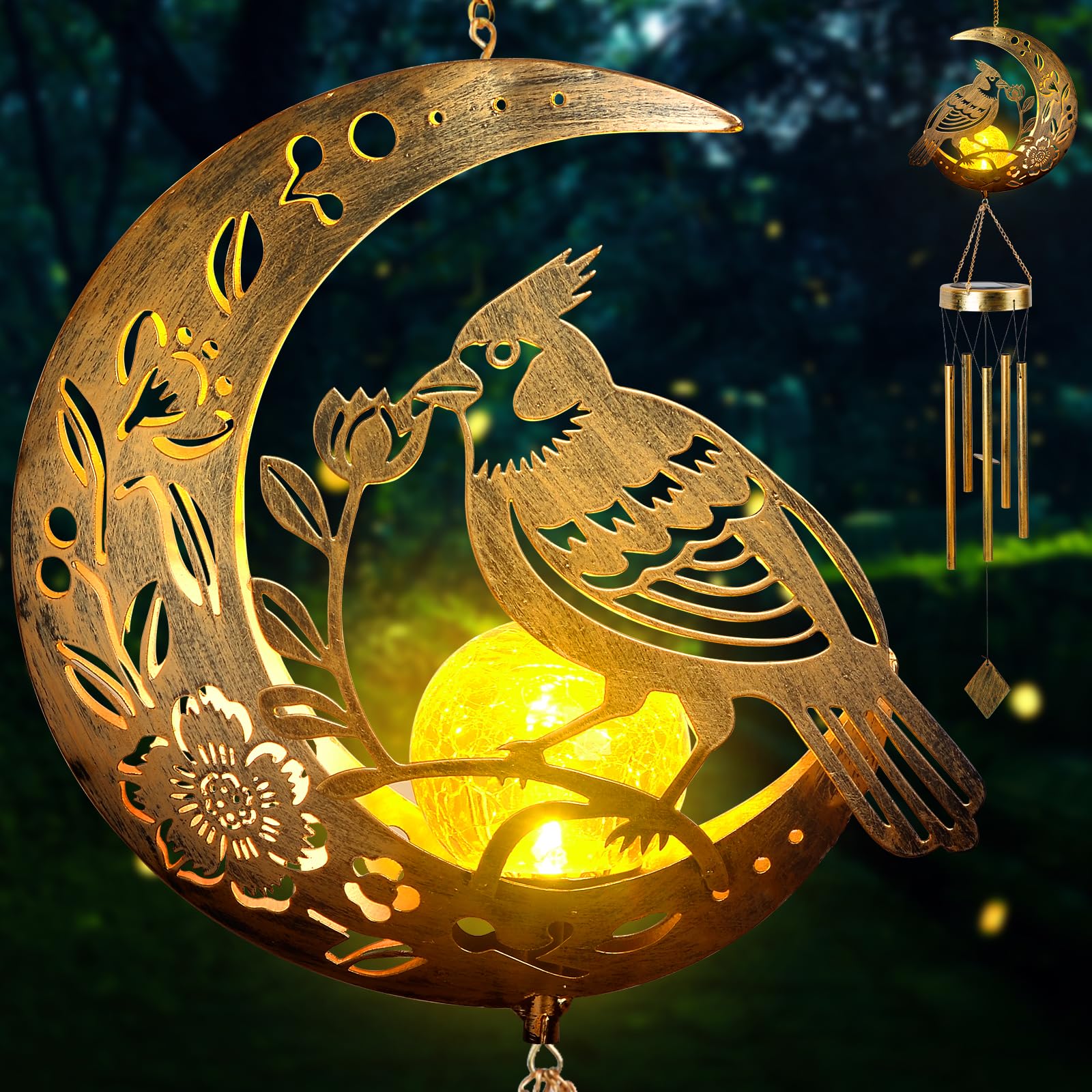 JOBOSI front view of wind chime showing full decorative silhouette and benefit of focal garden art