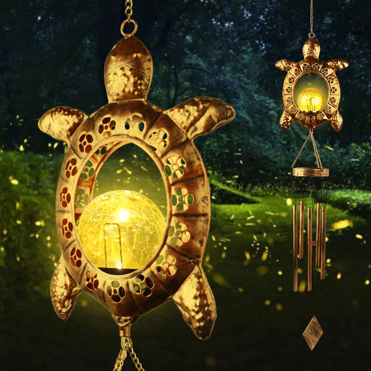 JOBOSI front view of sea turtle solar wind chime showing overall design and benefit of garden ambiance