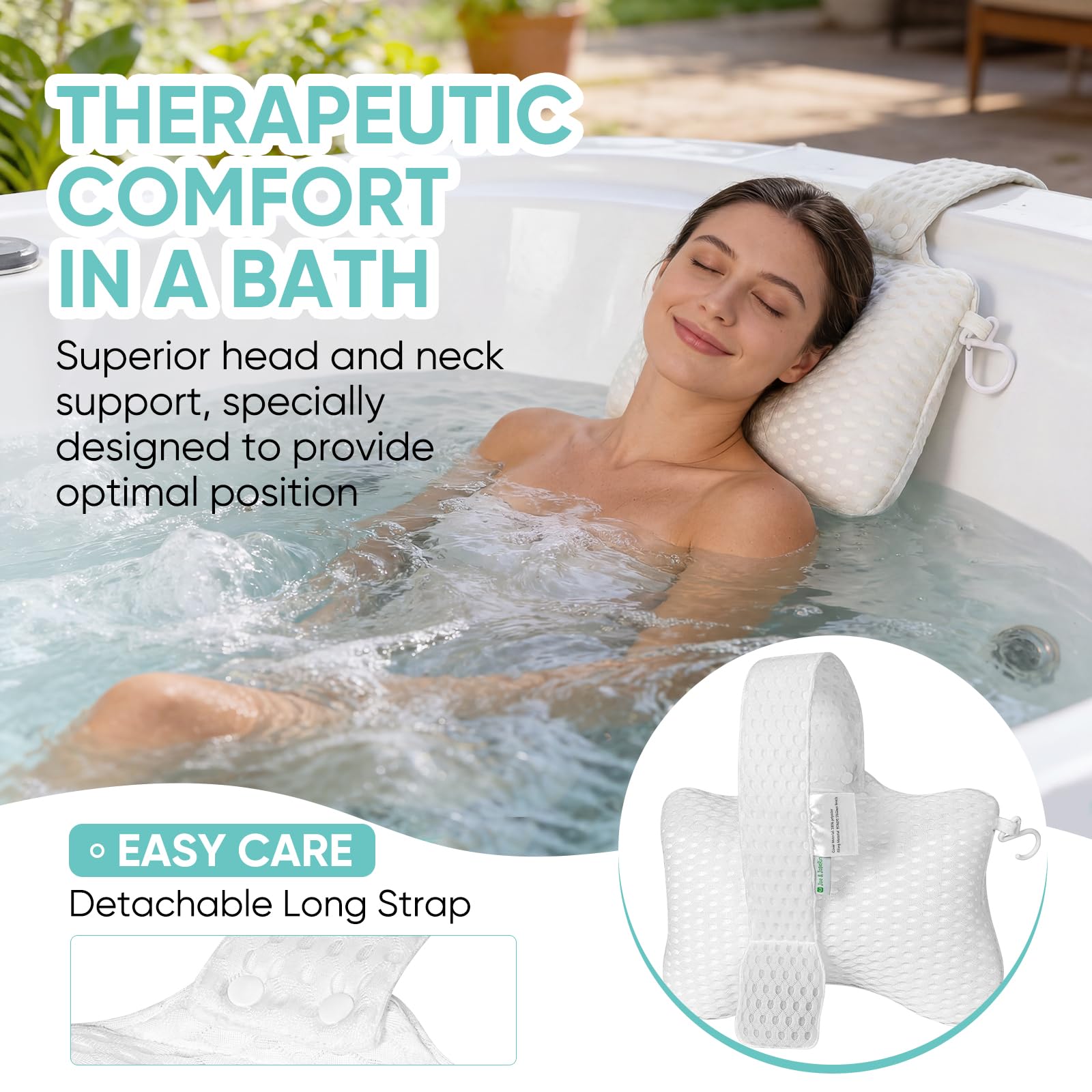 Joe & JoseRin pillows in a hot tub with user relaxing, enhancing soak comfort