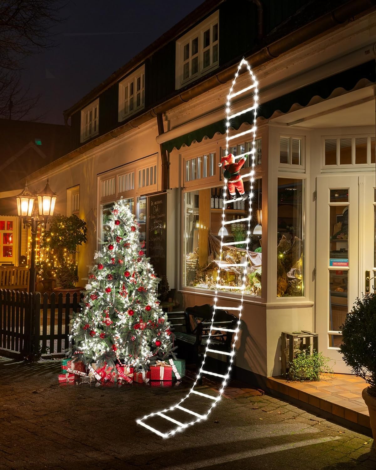 Joedoes front packaging showing ladder lights and Santa, easy setup benefit
