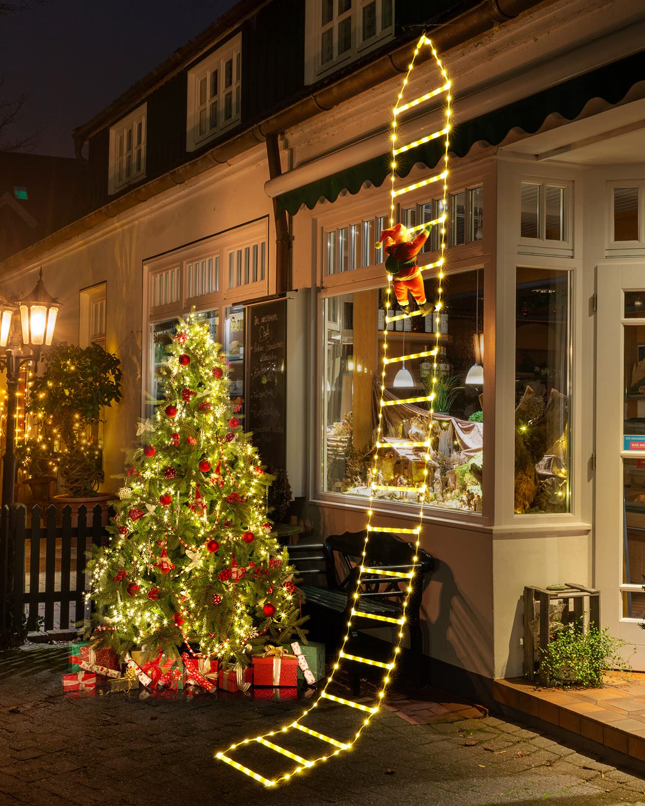 Joedoes front view of ladder lights showing tall festive glow and curb appeal
