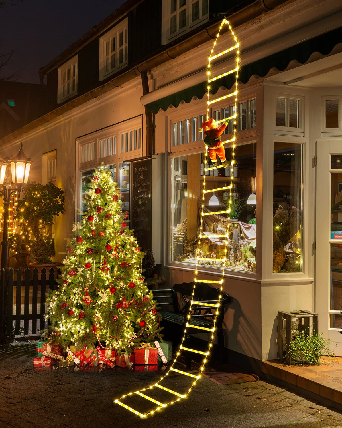 Joedoes front view of ladder lights showing tall festive glow and curb appeal
