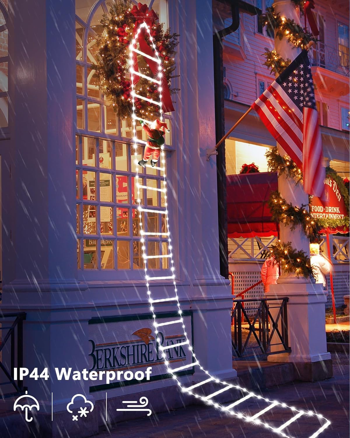Joedoes ladder lights hung on house eave, creates vertical holiday focal point