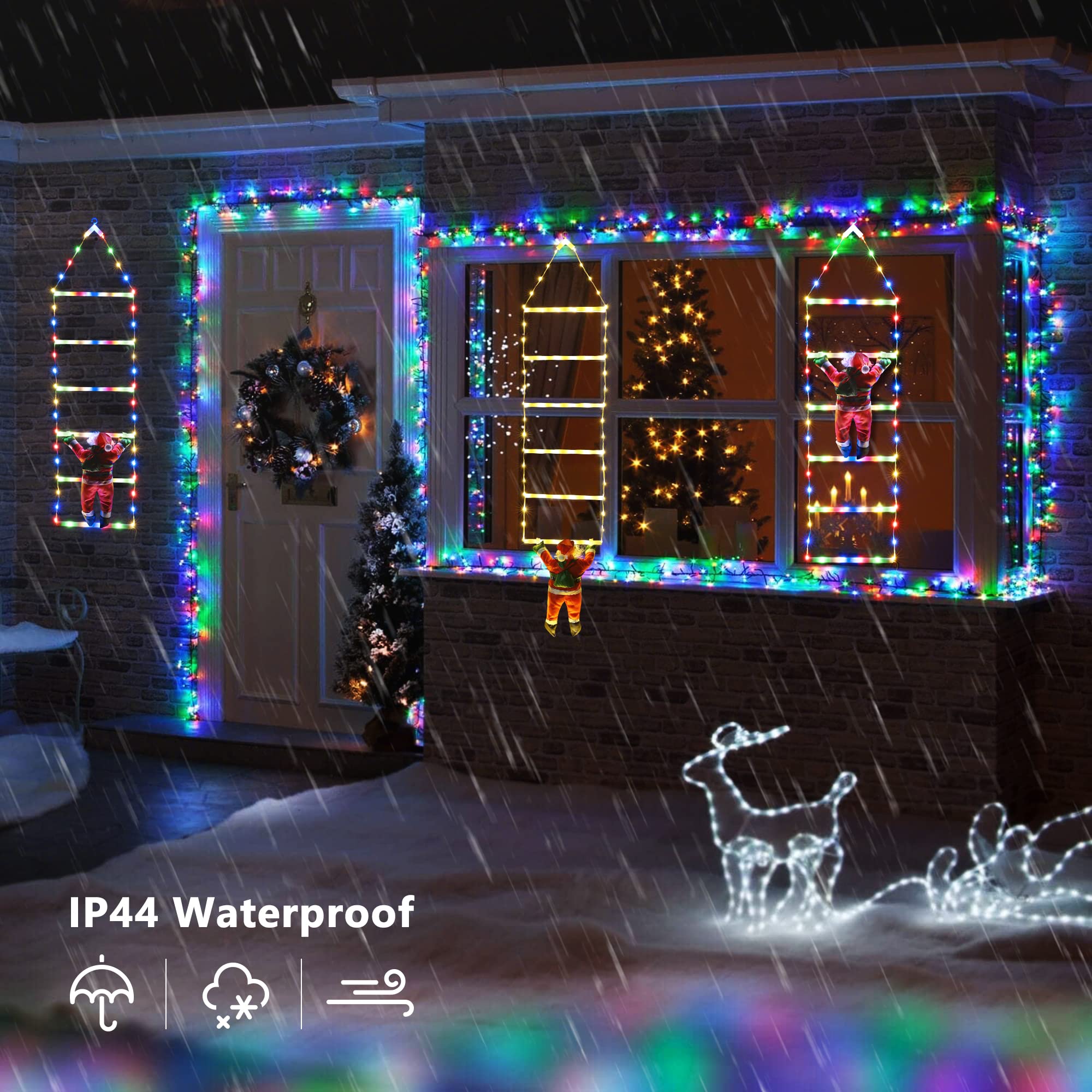 Joedoes ladder lights hung in a window creating a climbing-Santa illusion and curb appeal