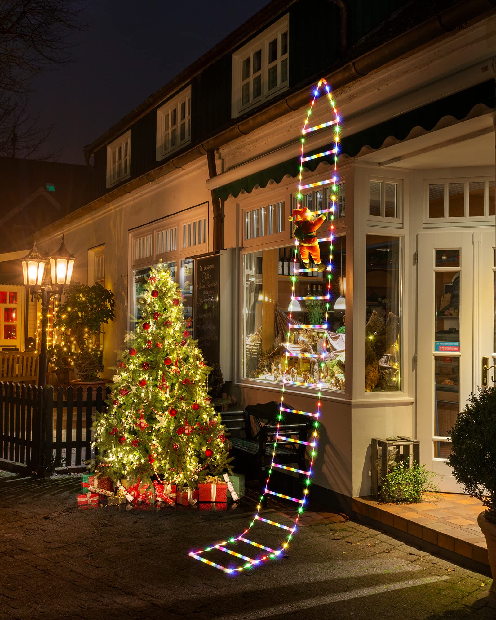 Joedoes ladder lights hung on porch eaves adding vertical holiday glow