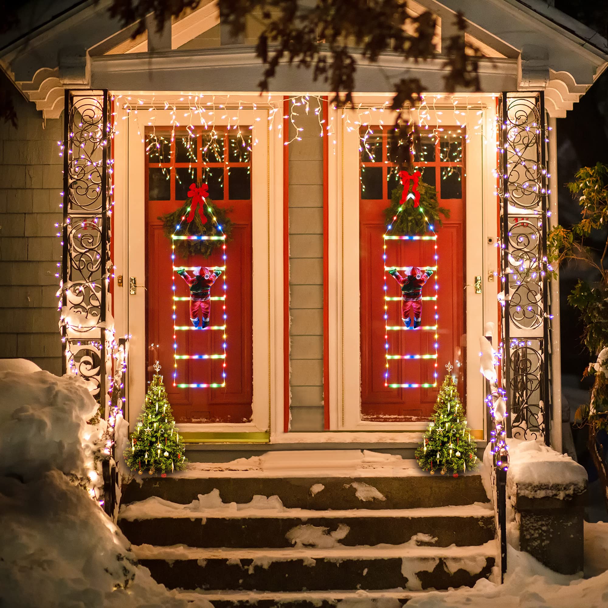 Joedoes ladder lights displayed on a porch adding festive atmosphere to outdoor entrance