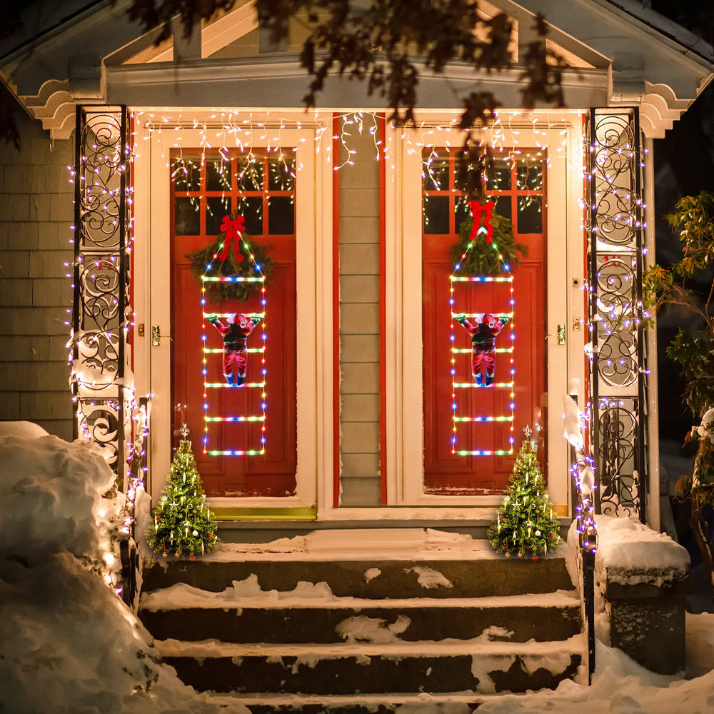 Joedoes ladder lights displayed on a porch adding festive atmosphere to outdoor entrance