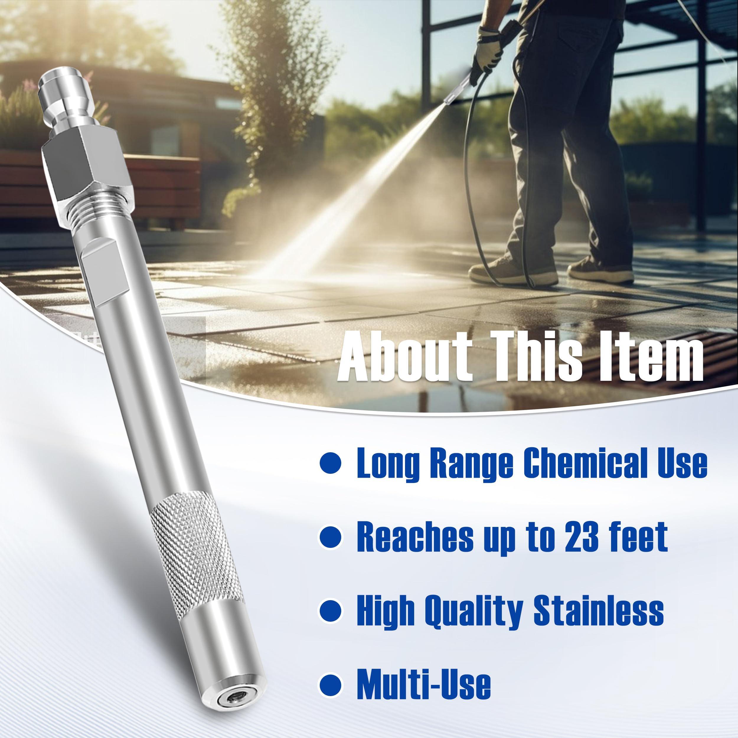 JOEJET shooter tip attached to pressure washer gun demonstrating extended reach advantage