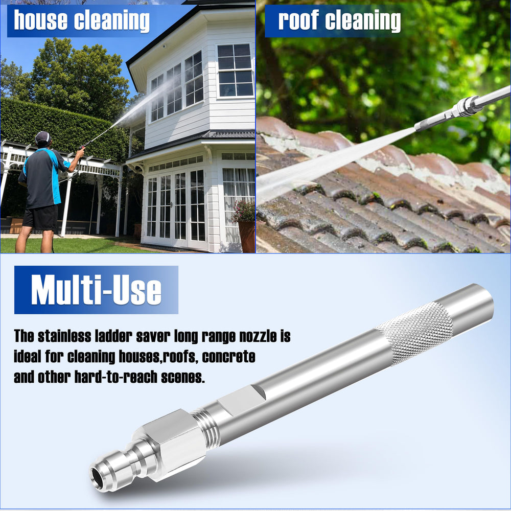 JOEJET shooter tip spraying to rooftop illustrating long-range cleaning capability